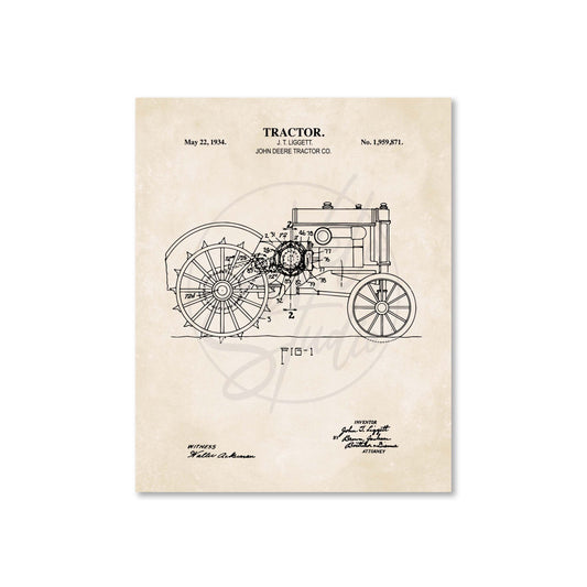 Vintage tractor patent poster on a beige background
