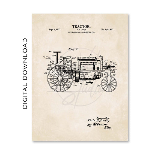 Vintage tractor patent illustration on a beige background with text