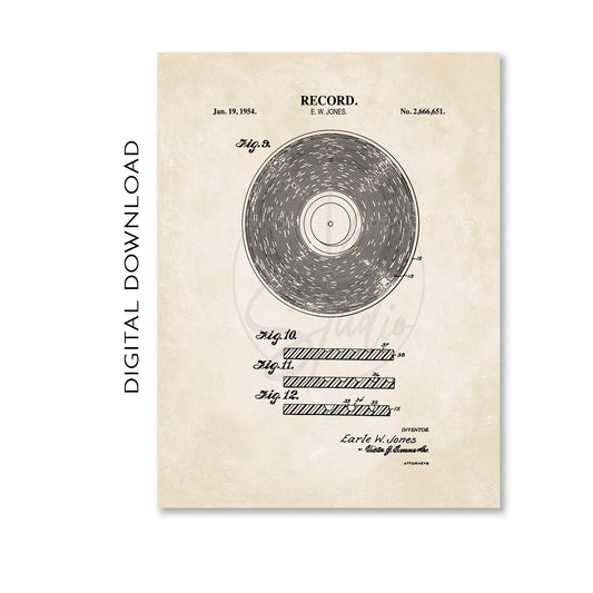 Vintage-style record patent poster with technical drawings and text on a beige background