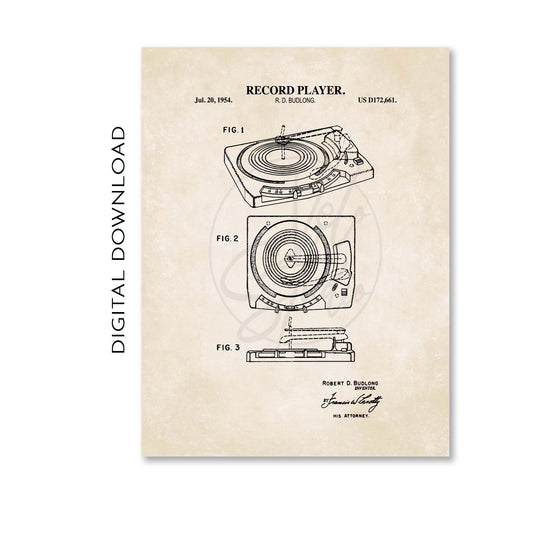 Record player patent illustration on a beige background with 'Digital Download' text.
