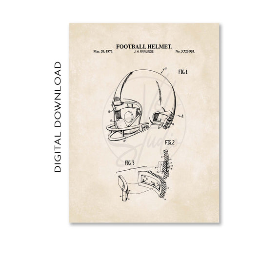Patent illustration of a football helmet on a beige background