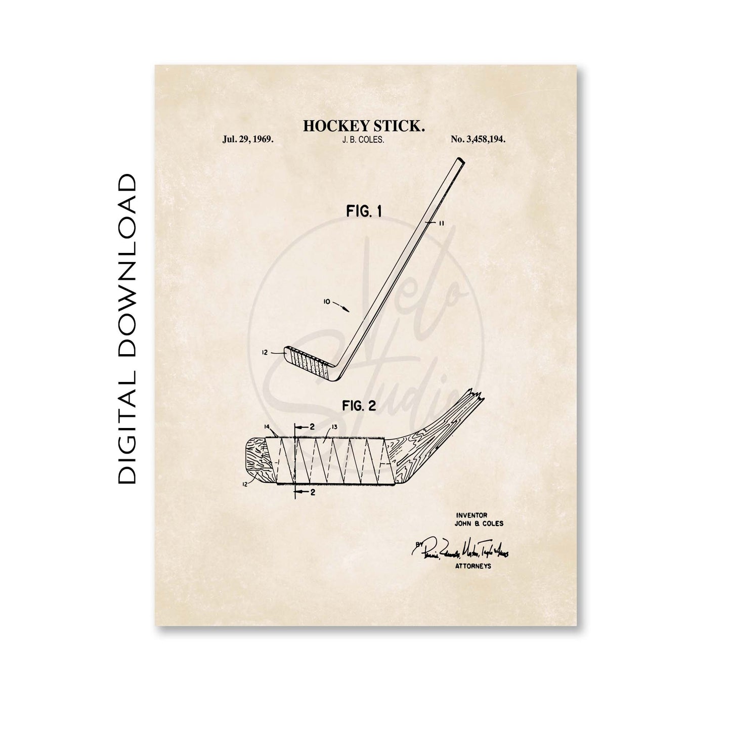 Hockey Stick Patent Wall Art - PRINTABLE DIGITAL DOWNLOAD