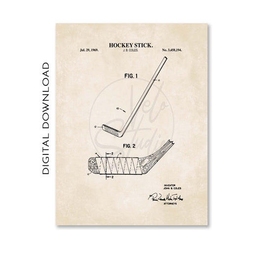 Hockey stick patent poster with technical drawings and text on a beige background