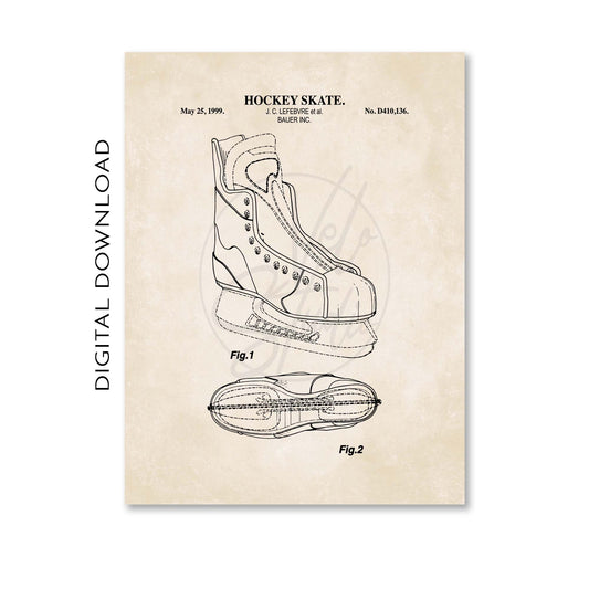 Patent-style illustration of a hockey skate on a beige background