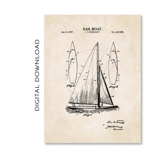 Sailboat Patent Wall Art - Nautical Coastal Print - PRINTABLE DIGITAL DOWNLOAD
