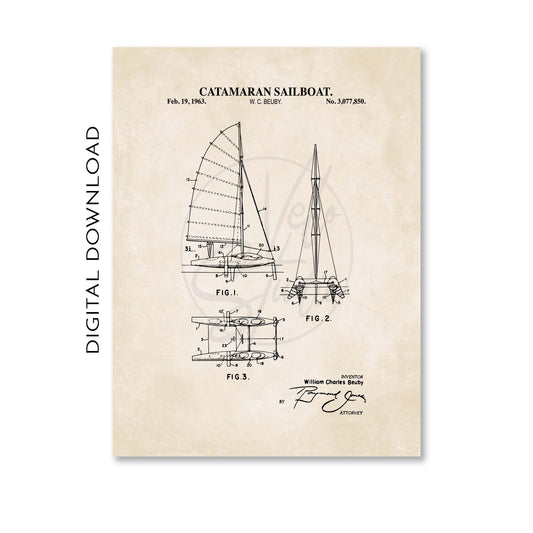 Catamaran sailboat patent illustration on a beige background