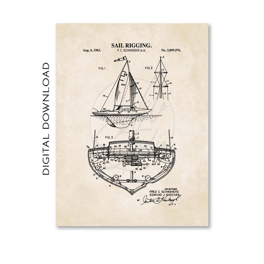 Sailboat rigging patent illustration on a beige background