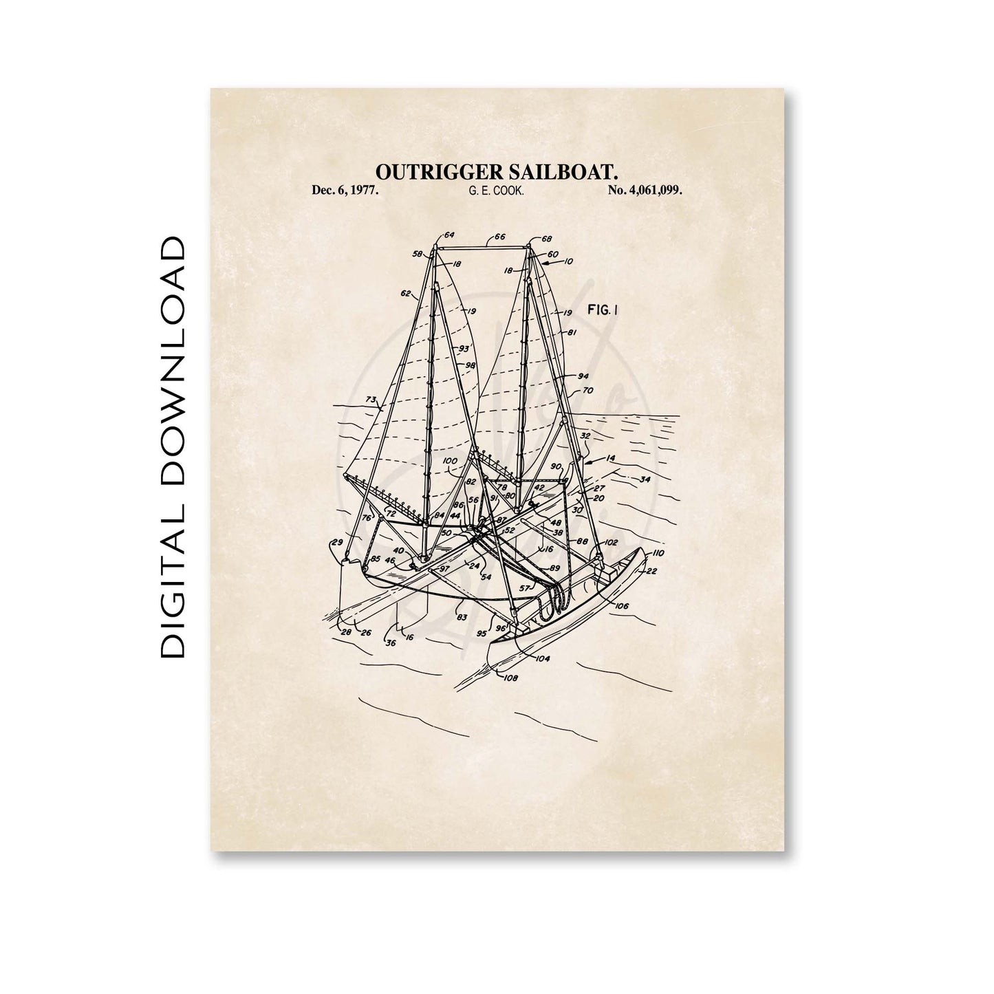 Outrigger Sailboat Patent Wall Art - Nautical Coastal Print - PRINTABLE DIGITAL DOWNLOAD