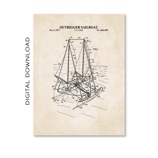 Outrigger sailboat patent illustration on a beige background