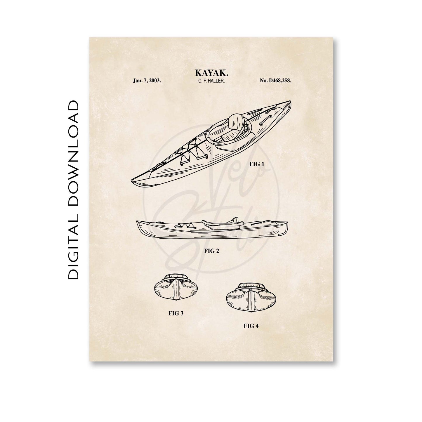Kayak Patent Wall Art - Vintage Nautical Coastal Print - PRINTABLE DIGITAL DOWNLOAD