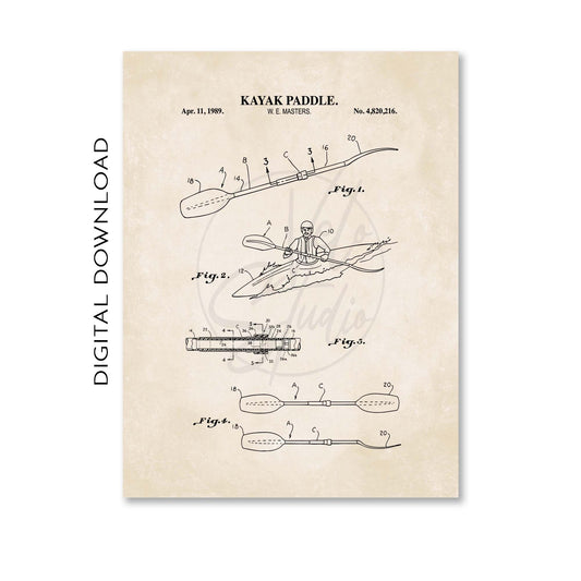 Kayak paddle patent illustration on a beige background