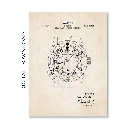 Vintage-style watch patent illustration on a beige background