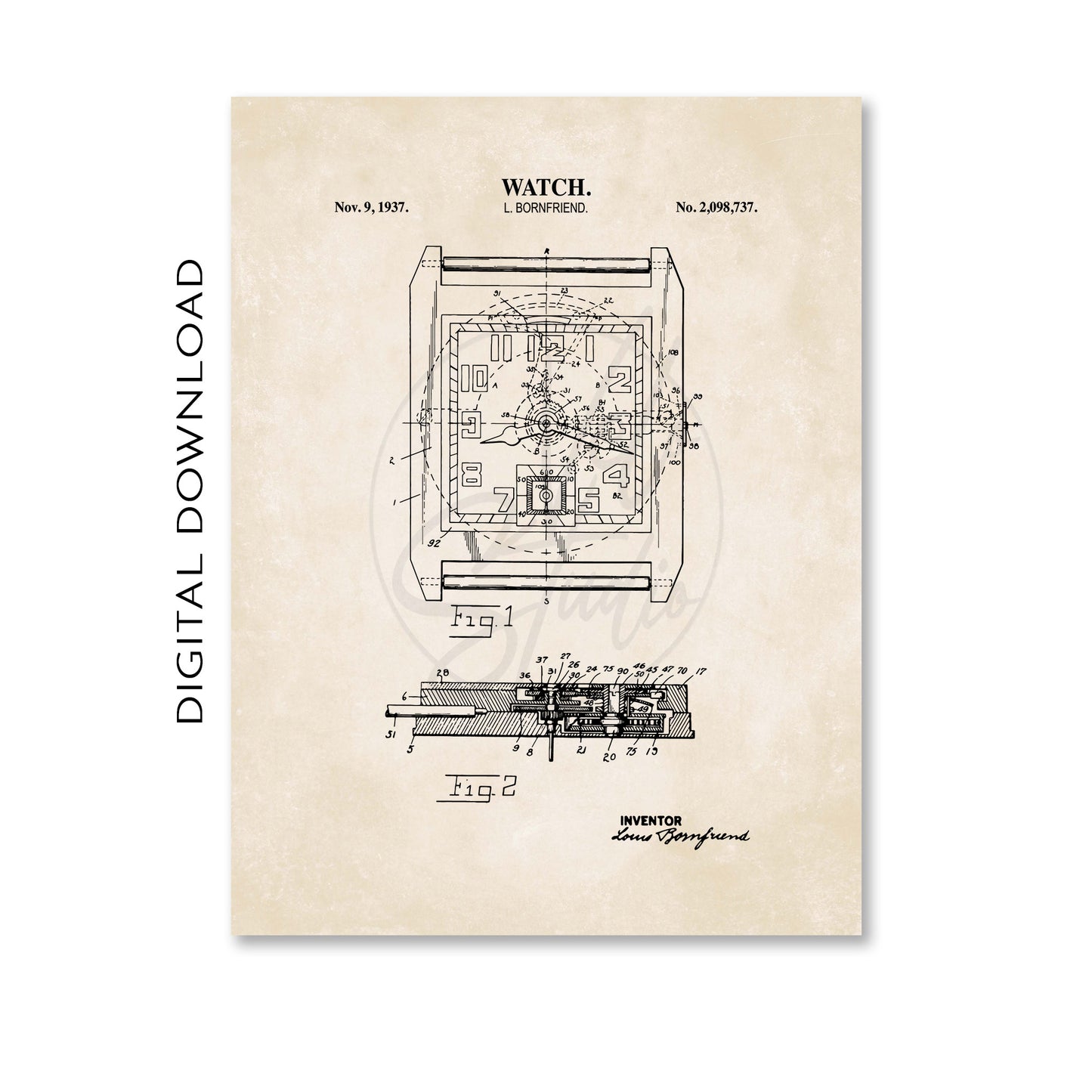 Watch 1937 Patent Wall Art - PRINTABLE DIGITAL DOWNLOAD