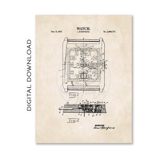 Patent poster of a watch design on beige paper with black text and diagrams.