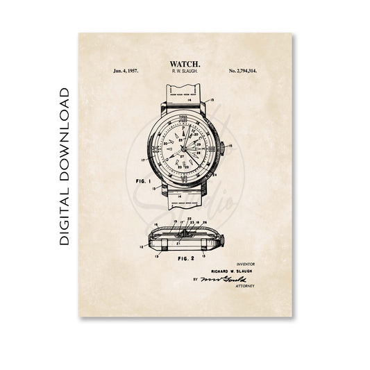 Vintage-style patent poster of a watch design on a beige background