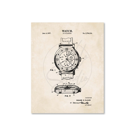 Vintage-style watch patent poster on a beige background