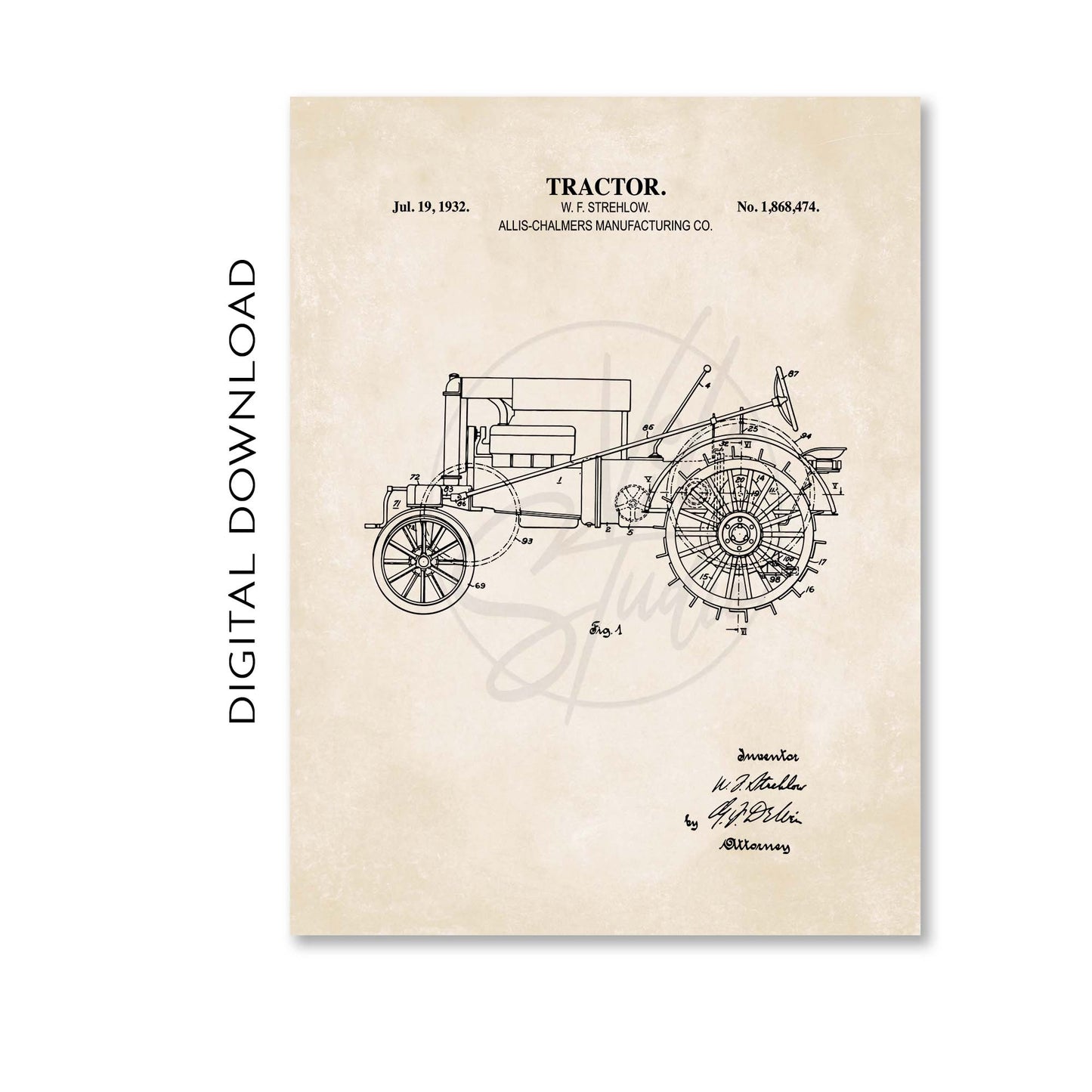 Tractor Wall Art - 1932 Tractor Patent Art - PRINTABLE DIGITAL DOWNLOAD