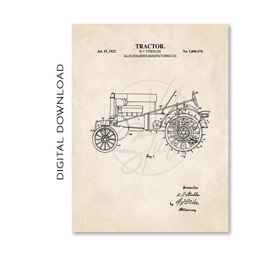 Vintage tractor patent illustration on a beige background with text.