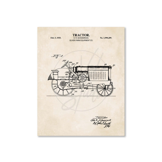 Vintage tractor patent print on a beige background