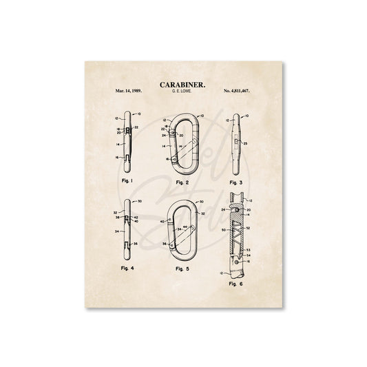 Patent poster of a carabiner design on a beige background