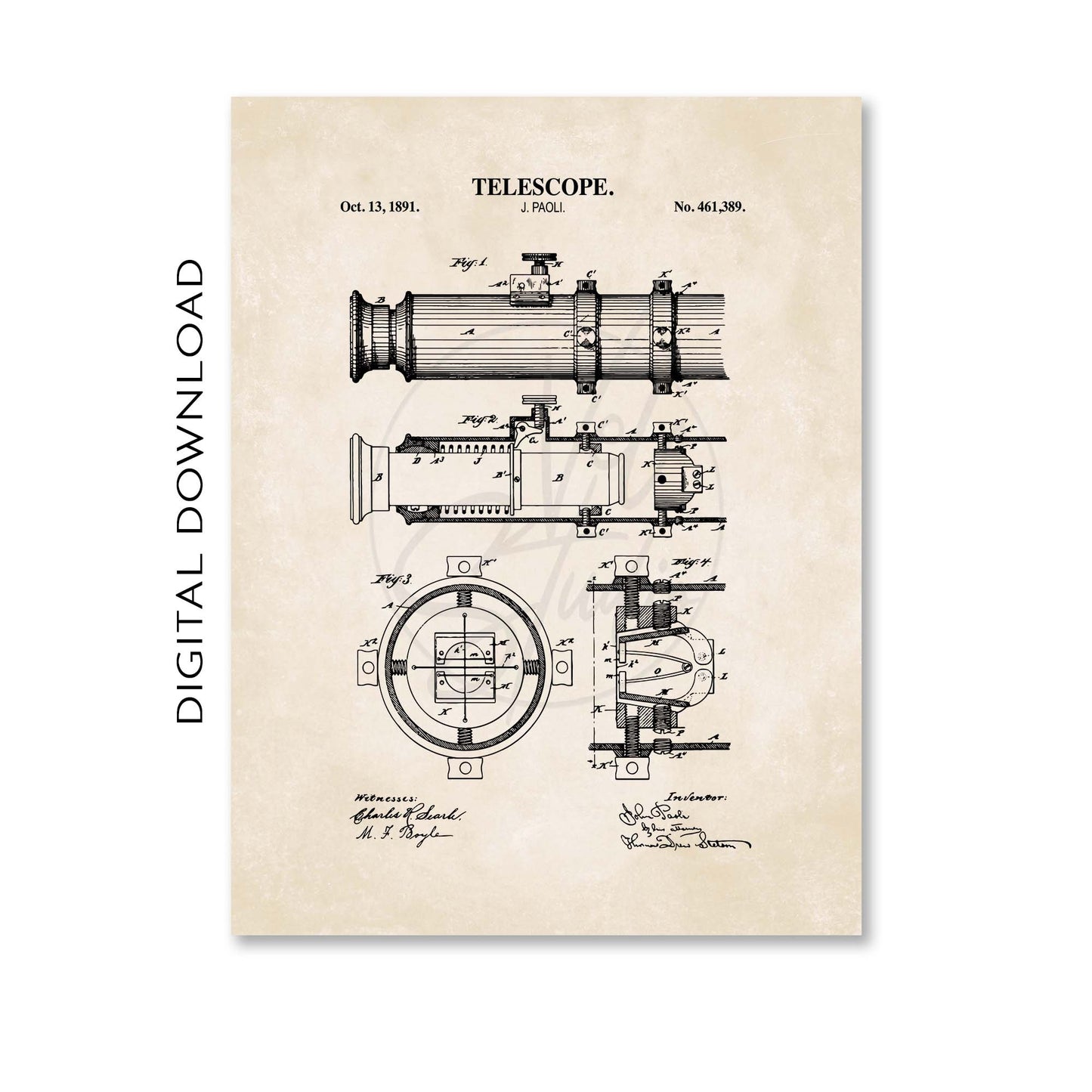 Telescope Patent Wall Art - Vintage Nautical Coastal Print - PRINTABLE DIGITAL DOWNLOAD