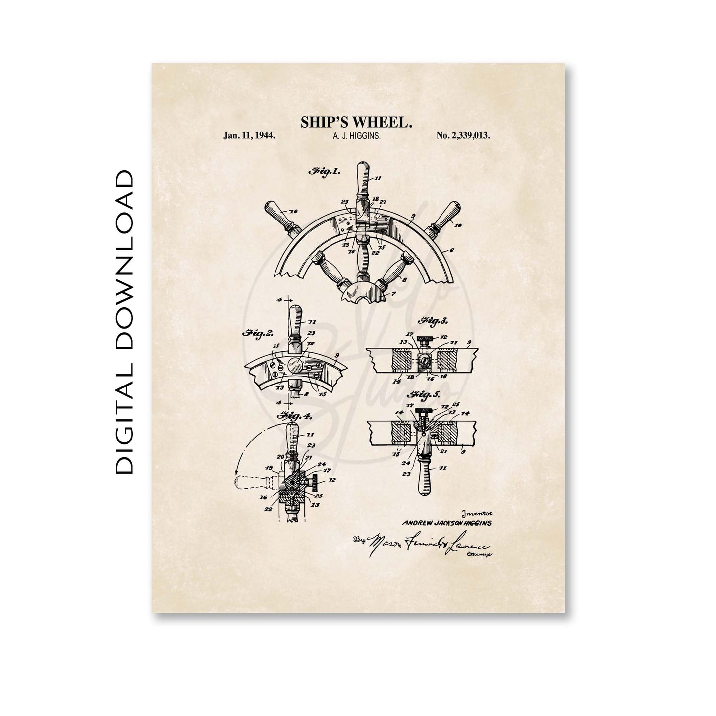 Ship's Wheel Patent Wall Art - Vintage Nautical Coastal Print - PRINTABLE DIGITAL DOWNLOAD