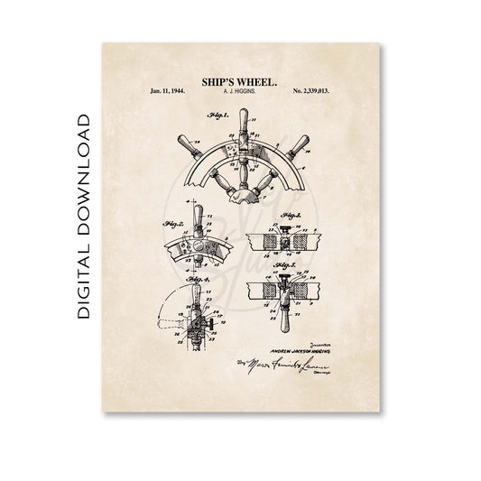 Vintage-style ship's wheel patent illustration on a beige background