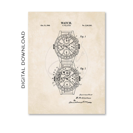 Vintage-style watch patent illustration on a beige background