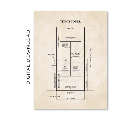 Diagram of a tennis court layout on a beige background with 'Digital Download' text.