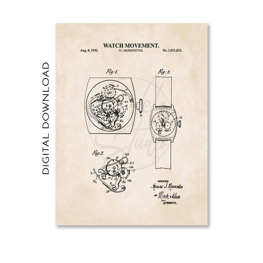 Vintage-style patent illustration of a watch movement on a beige background