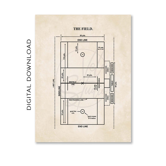Vintage-style diagram of a sports field of a men's lacrosse layout on a beige background