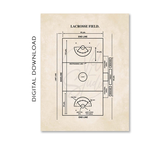 Diagram of a women's lacrosse field on a beige background with 'Digital Download' text.
