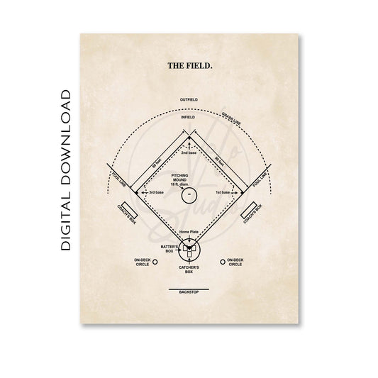 Baseball field diagram on a beige background with text 'Digital Download'.