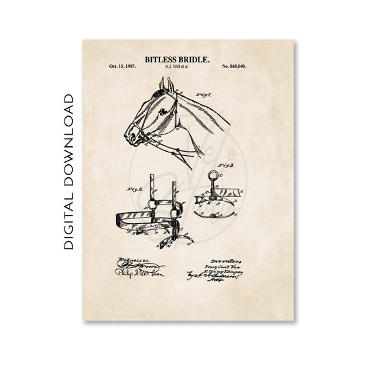 Vintage-style patent illustration of a bitless bridle with horse head and technical details on a beige background.