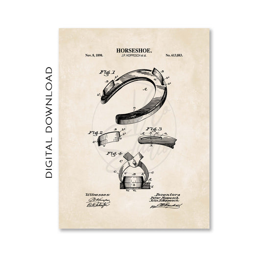 Horseshoe patent illustration on a vintage beige background