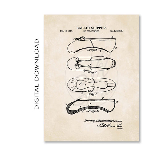 Patent illustration of a ballet slipper design on a beige background