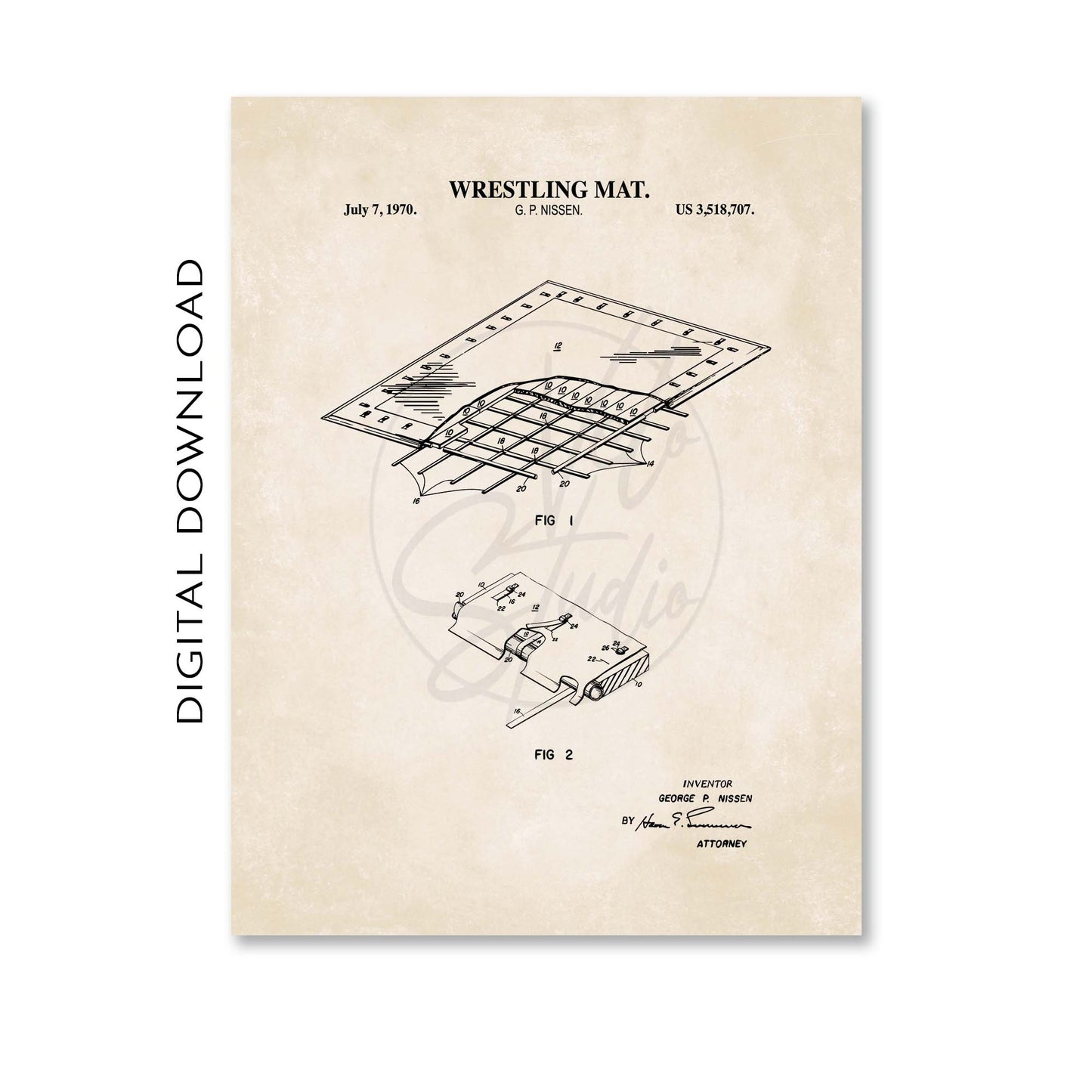 Wrestling Mat Patent Wall Art - PRINTABLE DIGITAL DOWNLOAD