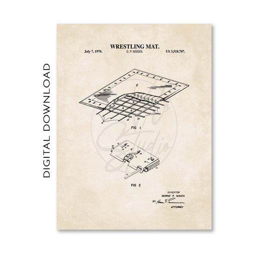 Wrestling mat patent illustration on a beige background with text