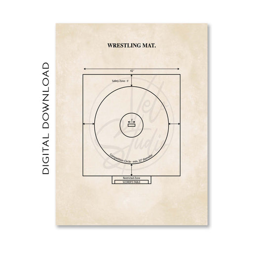 Wrestling mat diagram on a beige background with text indicating digital download.