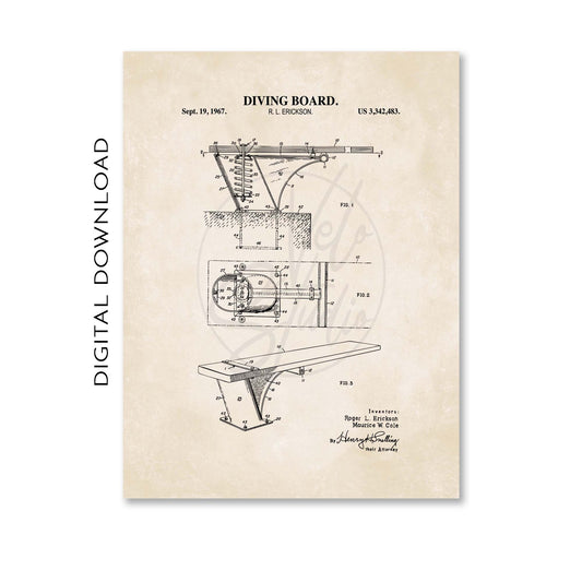 Patent illustration of a diving board on a beige background