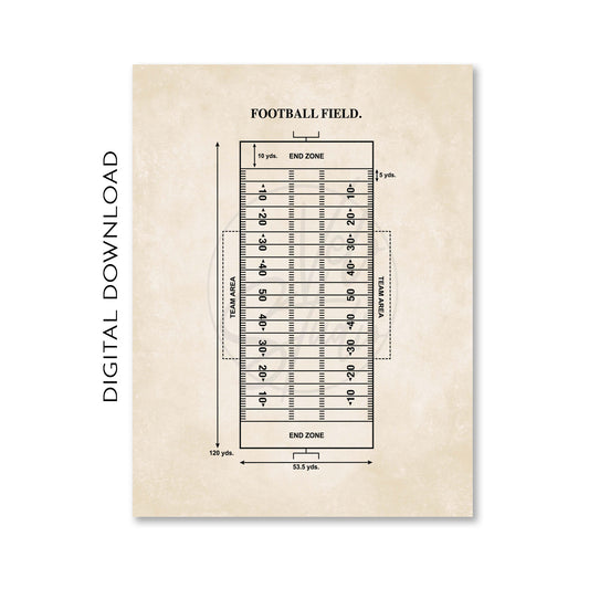 Diagram of a football field with measurements on a beige background