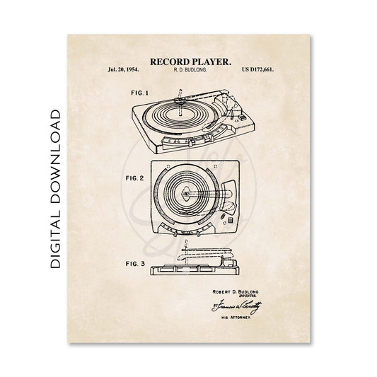 Vintage-style diagram of a record player on a beige background with text and 'Digital Download' label.