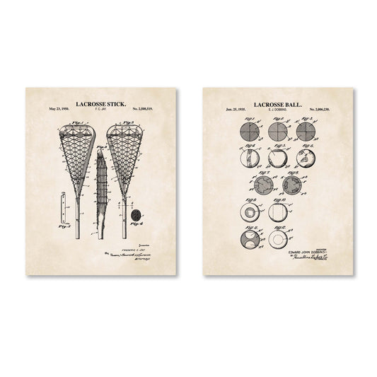 Two vintage-style posters showing patent designs for a lacrosse stick and ball on a white background.