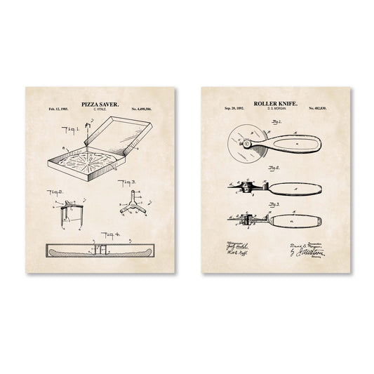 Two patent posters for a pizza saver and roller knife on a white background