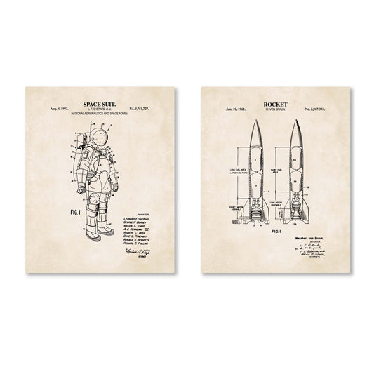 Space Patent Print Set - Rocket & Space Suit Wall Art - Ready to Frame Prints