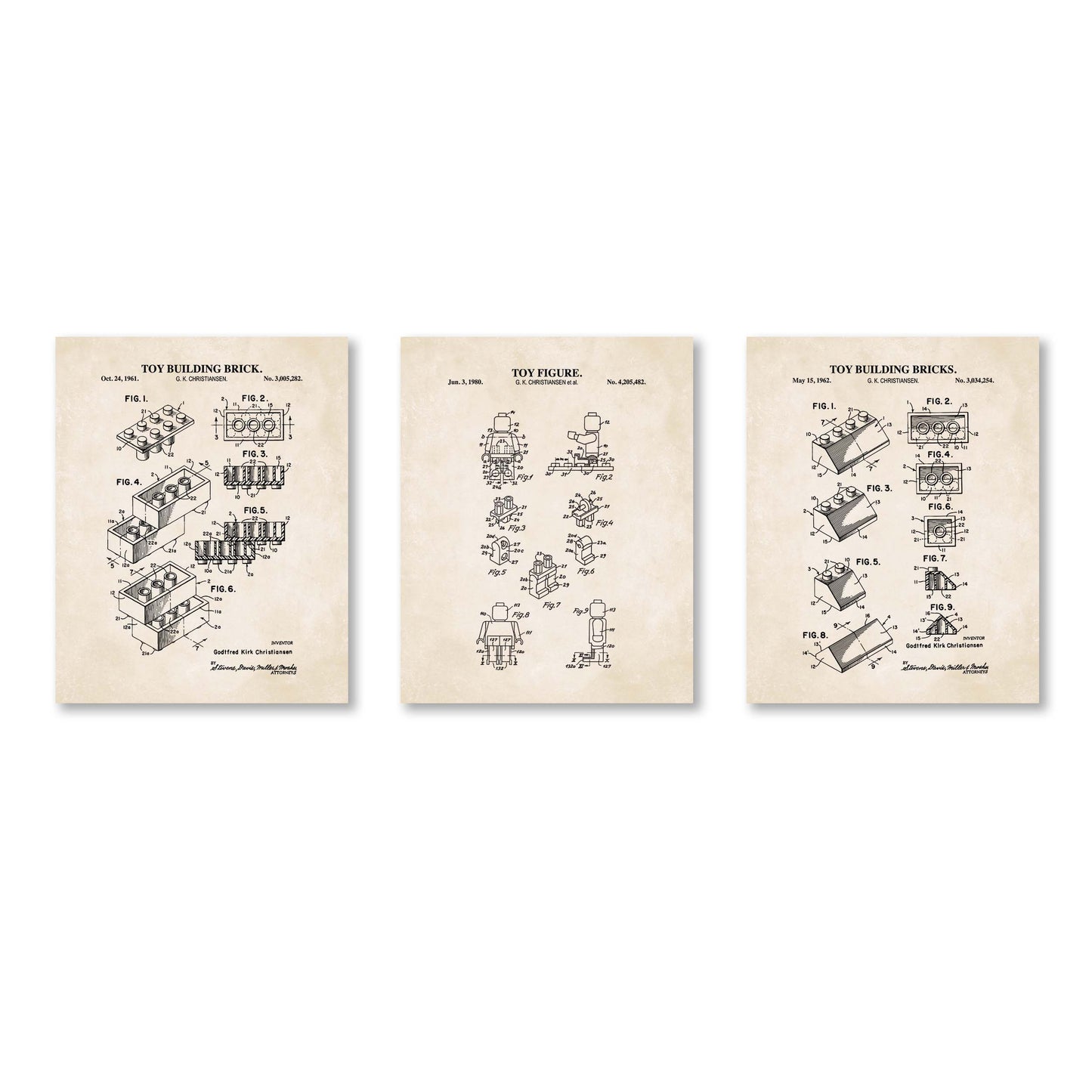 Toy Brick Patent Print Wall Art - Set of 3 Physical Prints
