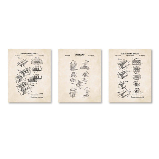 Toy Brick Patent Wall Art - Set of 3 Ready to Frame Prints