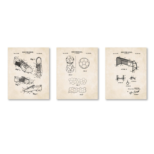Soccer Patent Wall Art Set - Goal, Shoe, Ball - Ready to Frame Prints