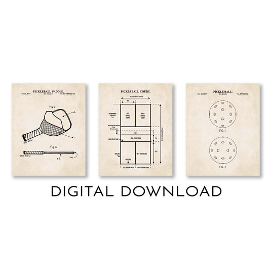 Pickleball Patent Print Wall Art - Set of 3 - DIGITAL DOWNLOAD