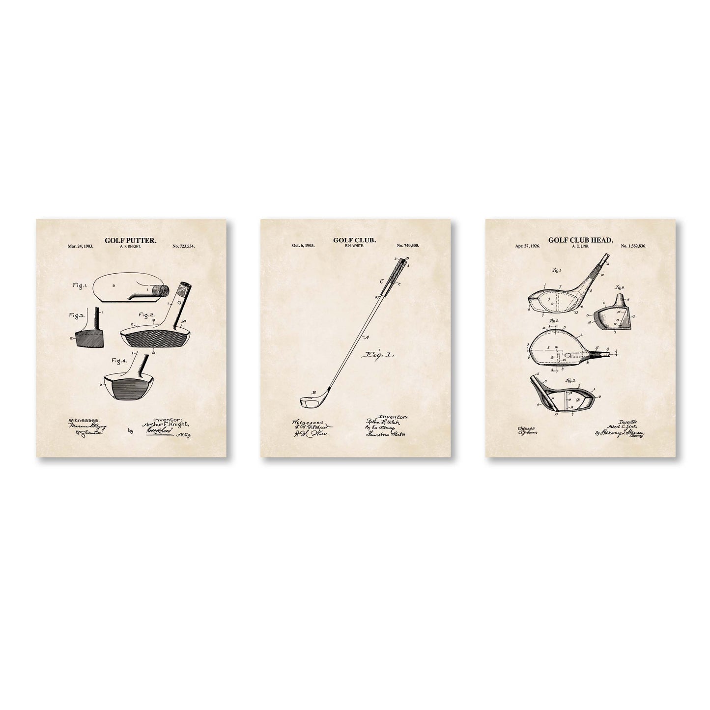 Golf Club Patent Print Wall Art - Set of 3 Physical Prints